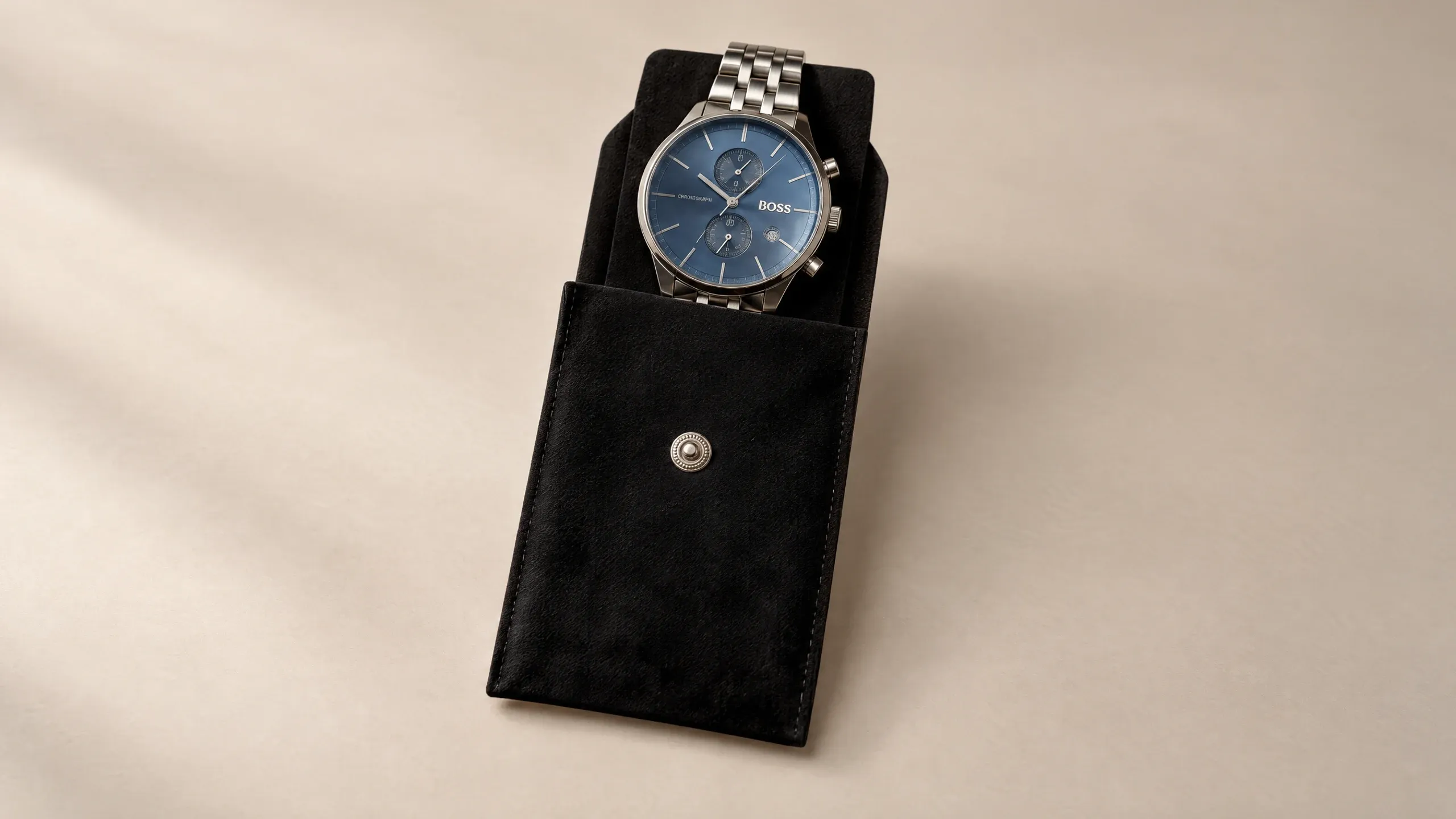 Watch pouch in Black, open, with a watch