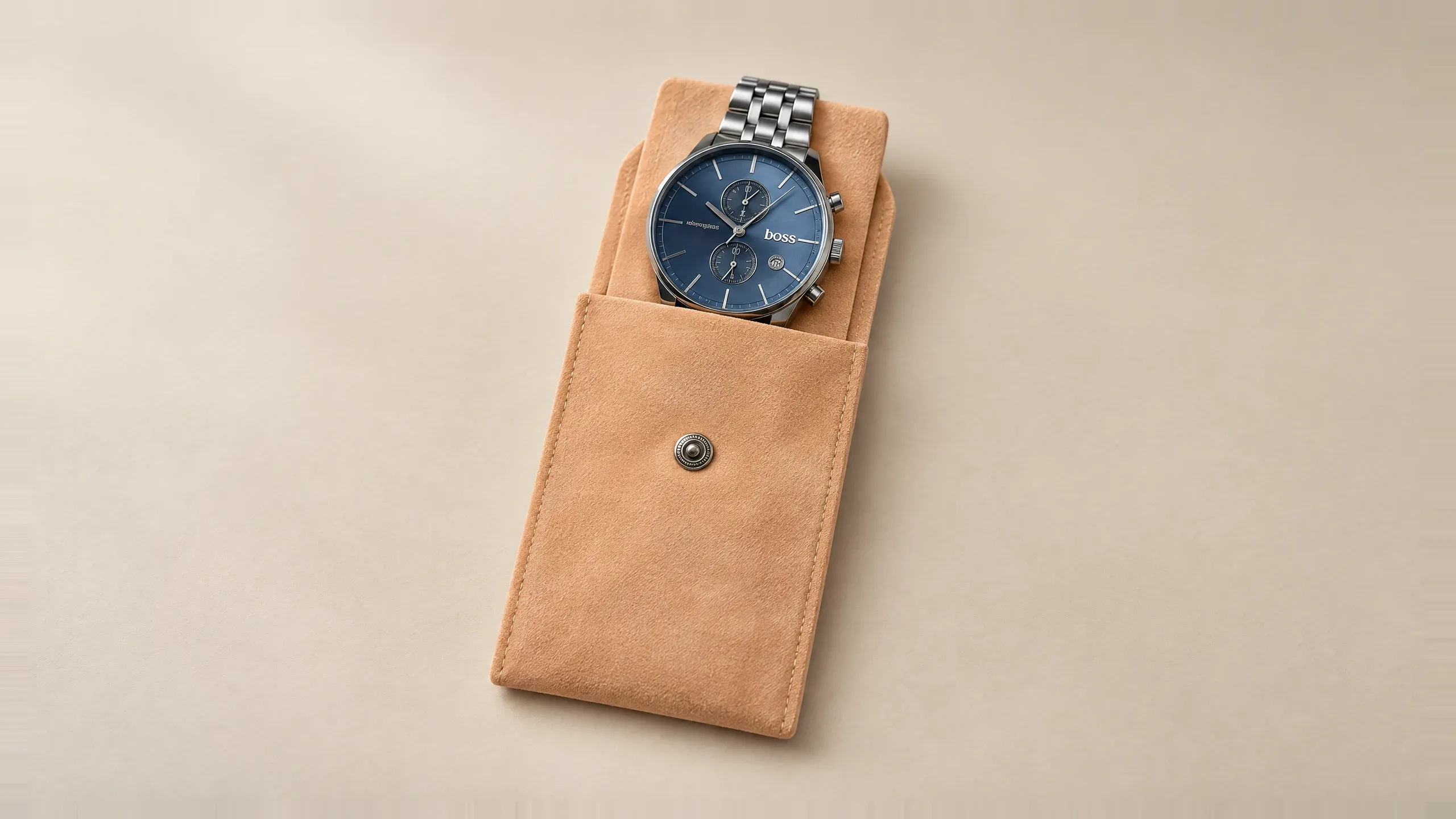 Watch pouch in Light brown, open, with a watch