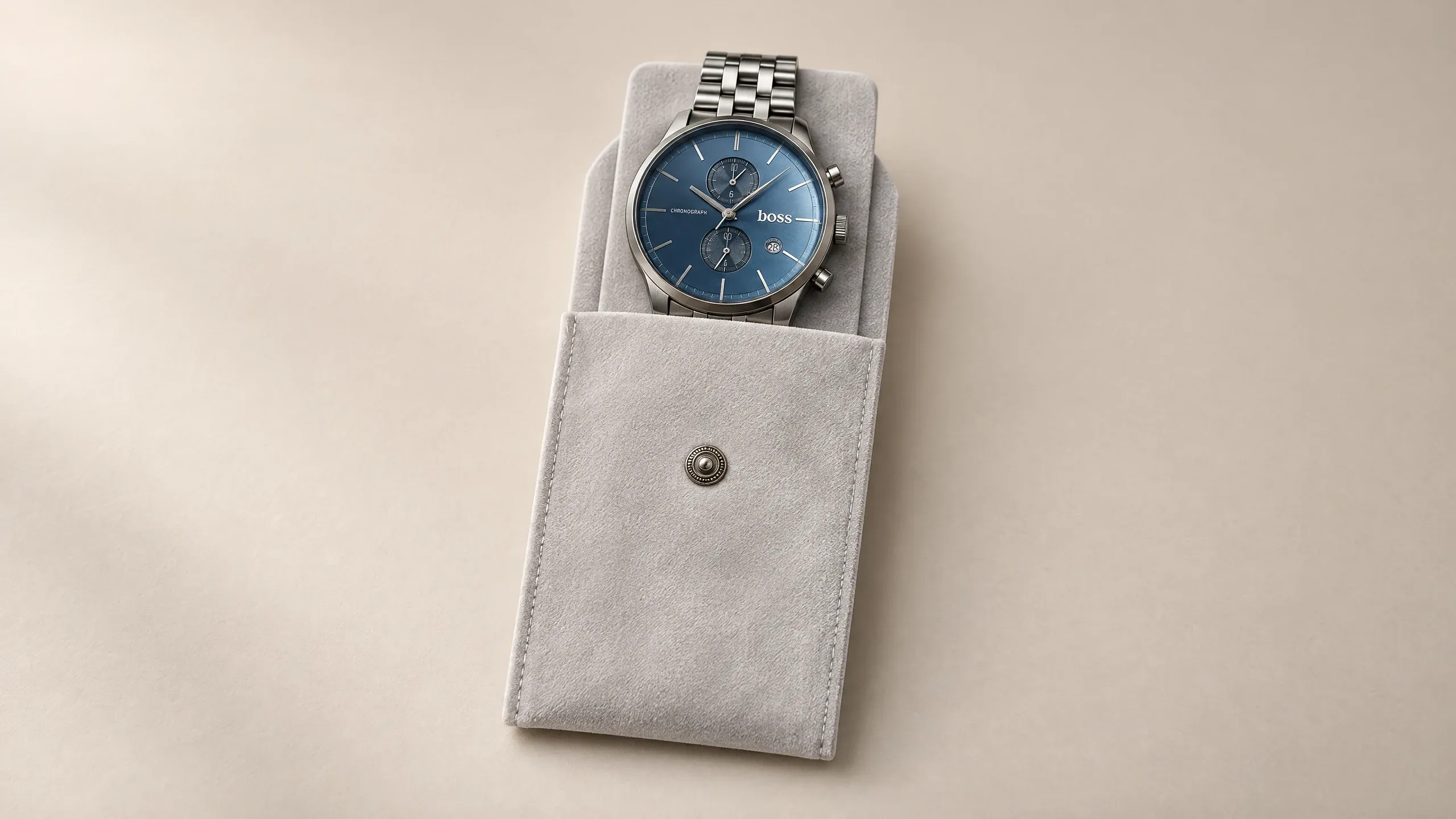 Watch pouch in Grey, open, with a watch