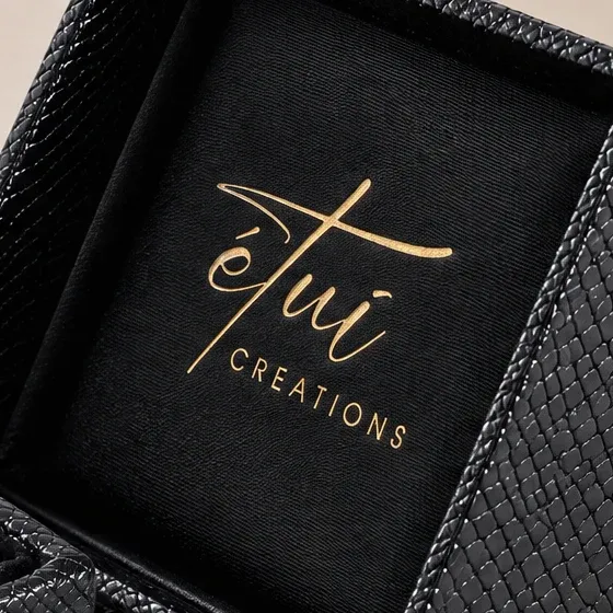 Gold-stamped logo inside the lid