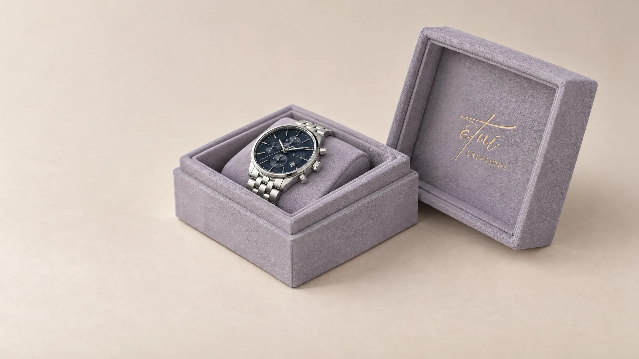 Open box in Anthracite: lid beside the base, watch in the insert