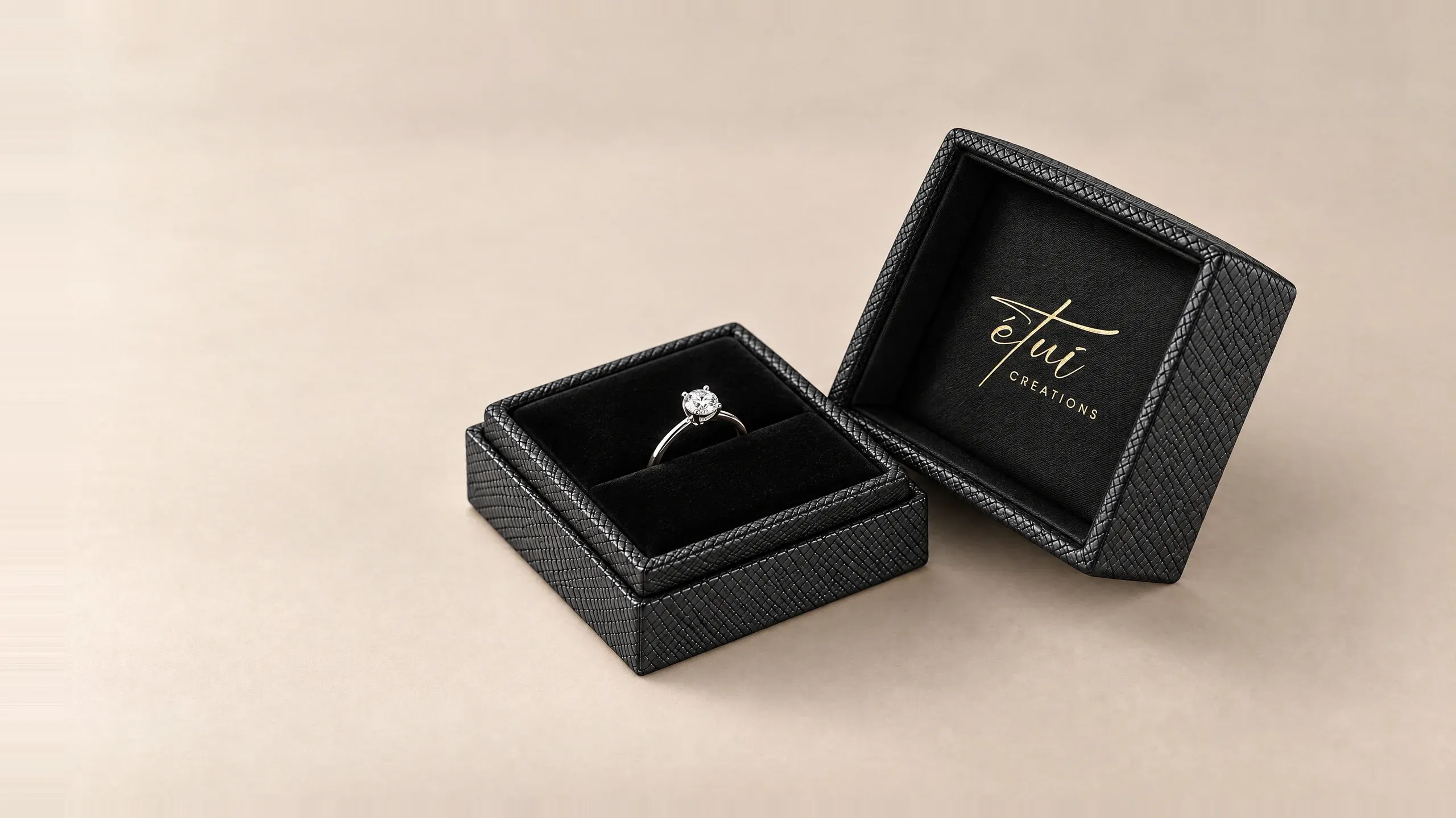 Open box in Black: lid beside the base, ring in the insert