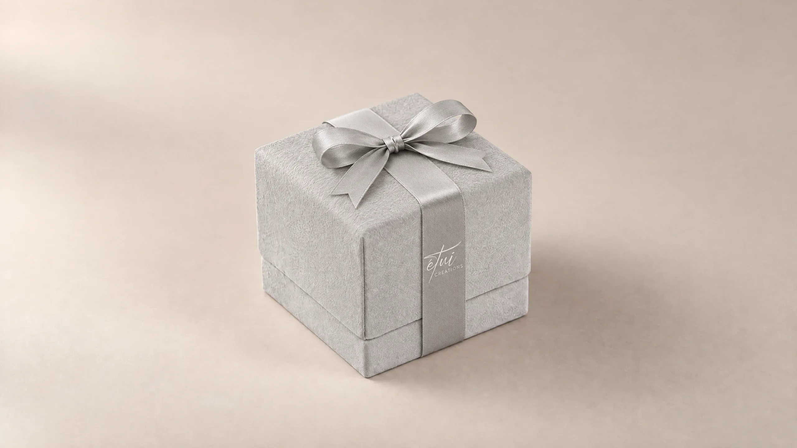 Box in Grey with a satin ribbon, the logo on the band