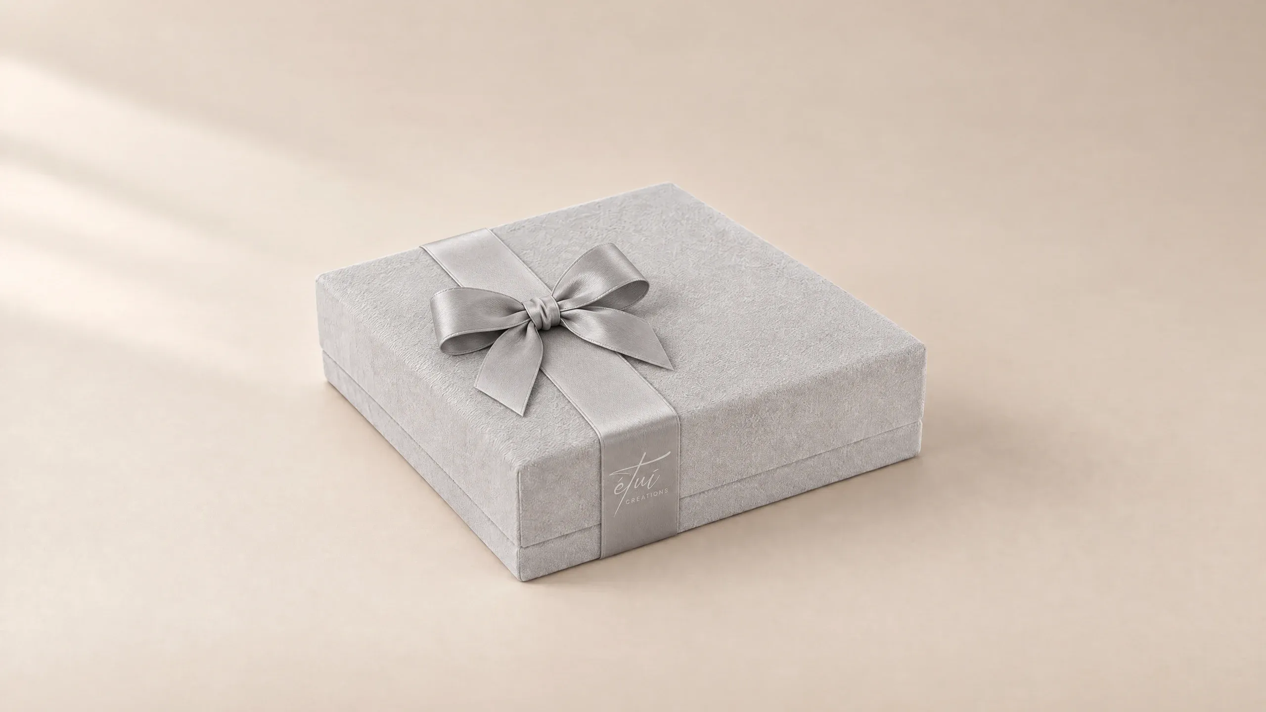 Box in Grey with a satin ribbon, the logo on the band