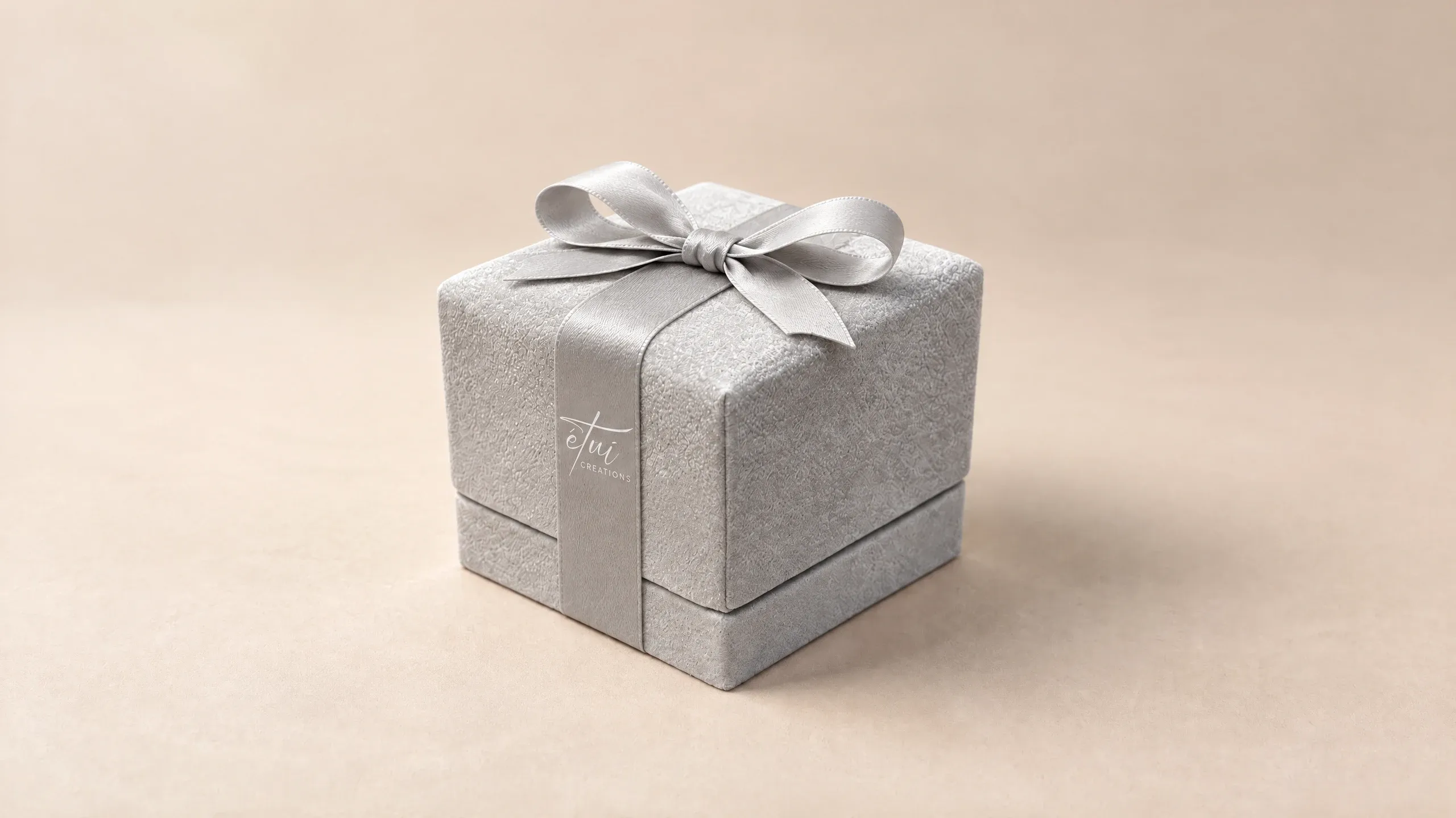 Box in Grey with a satin ribbon, the logo on the band