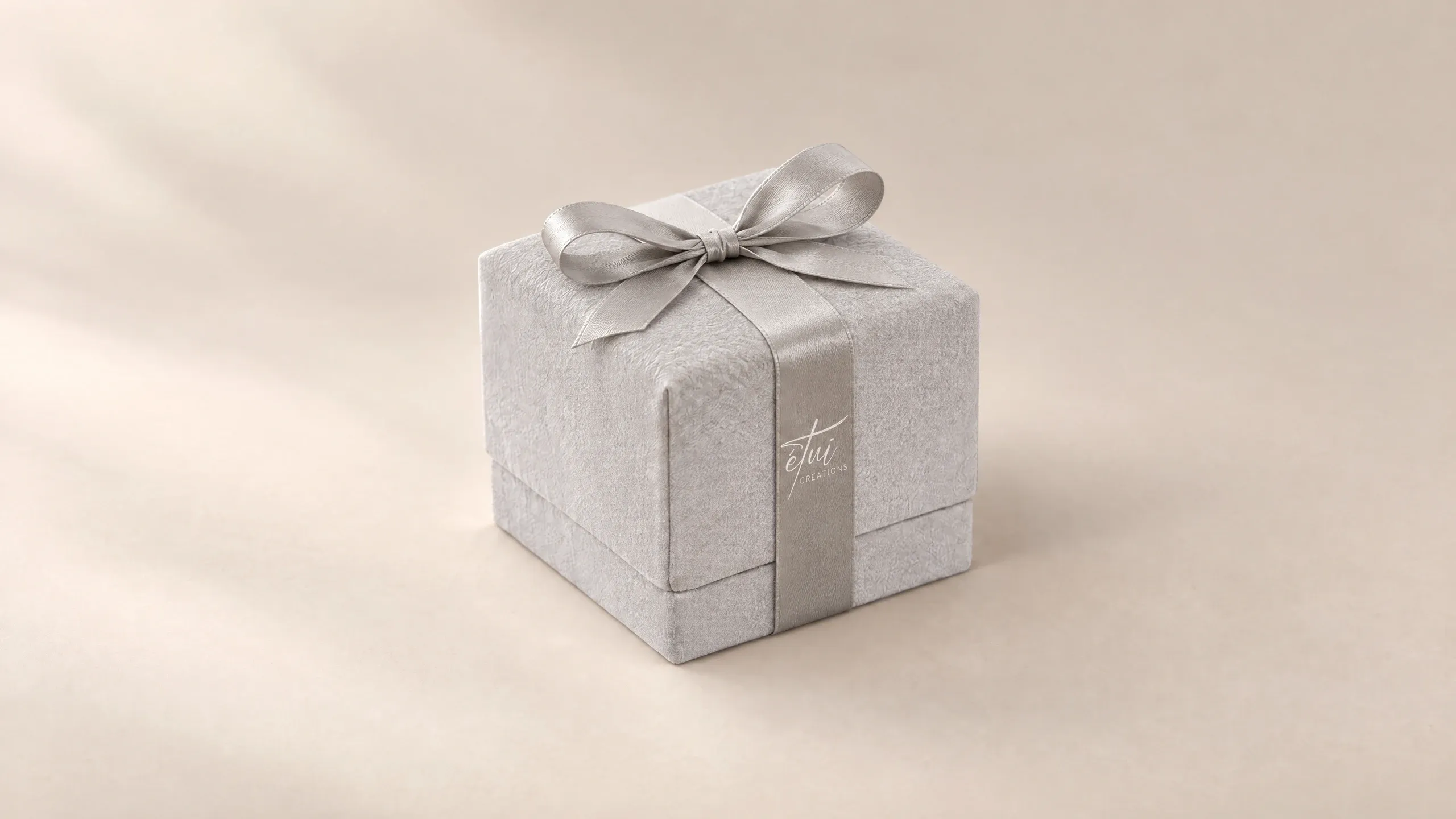 Box in Grey with a satin ribbon, the logo on the band